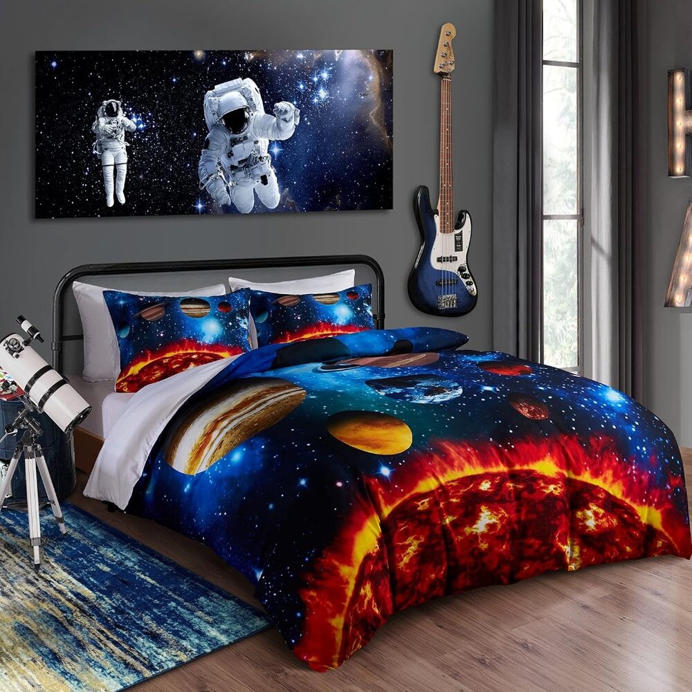 Twin Size Duvet + Pillowcase Set Galaxy Space Planets Solar System Multicolor